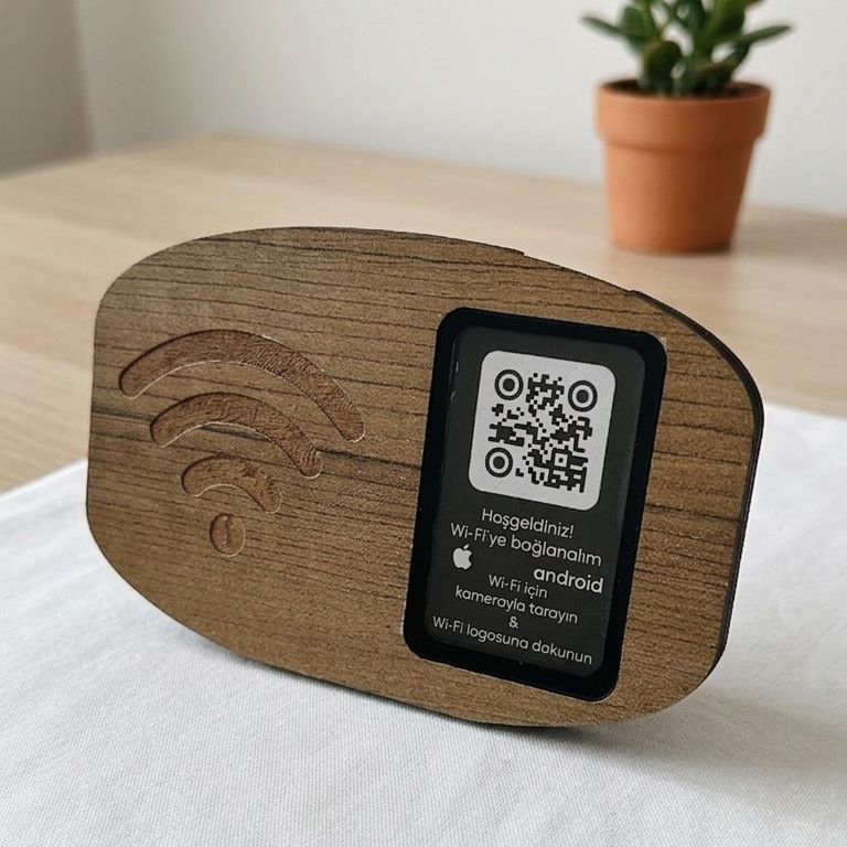 Ahşap WiFi Bağlantı Kartı – NFC ve QR Kod Destekli